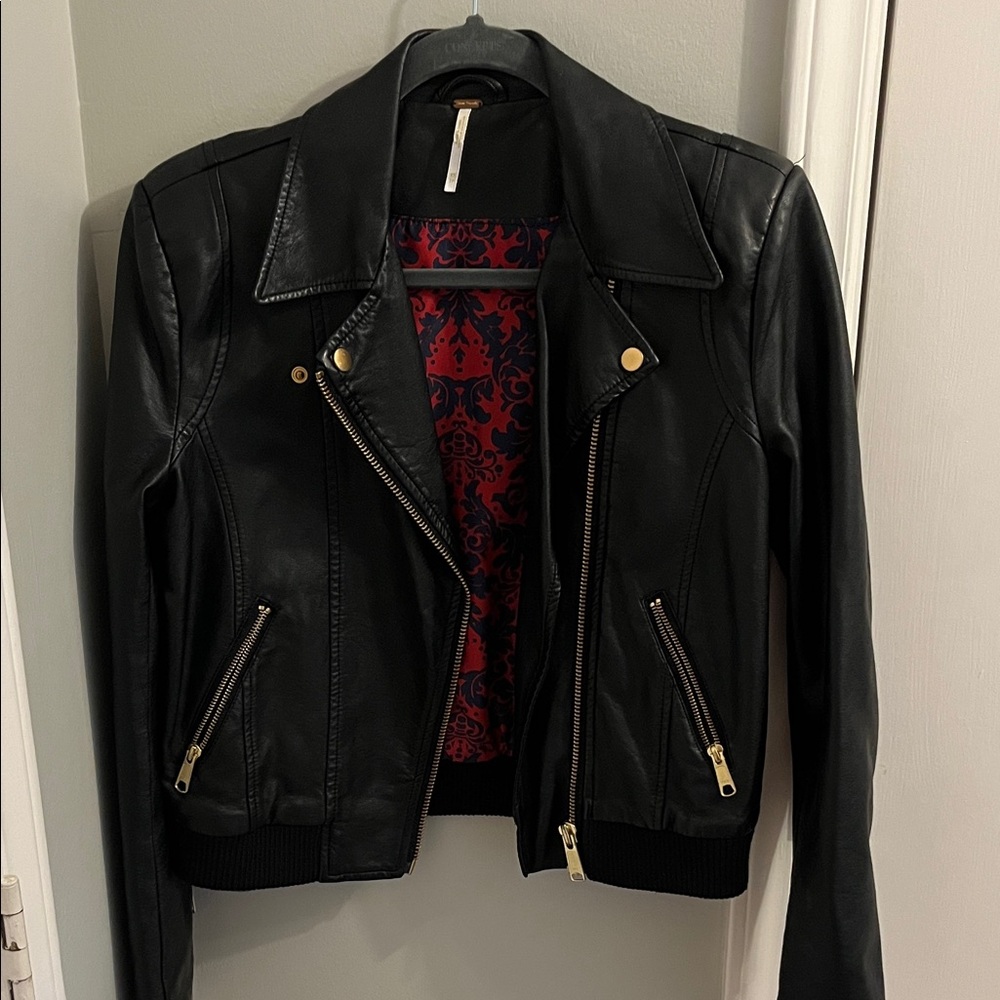 Free People Black Leather Jacket with Gold Zippers